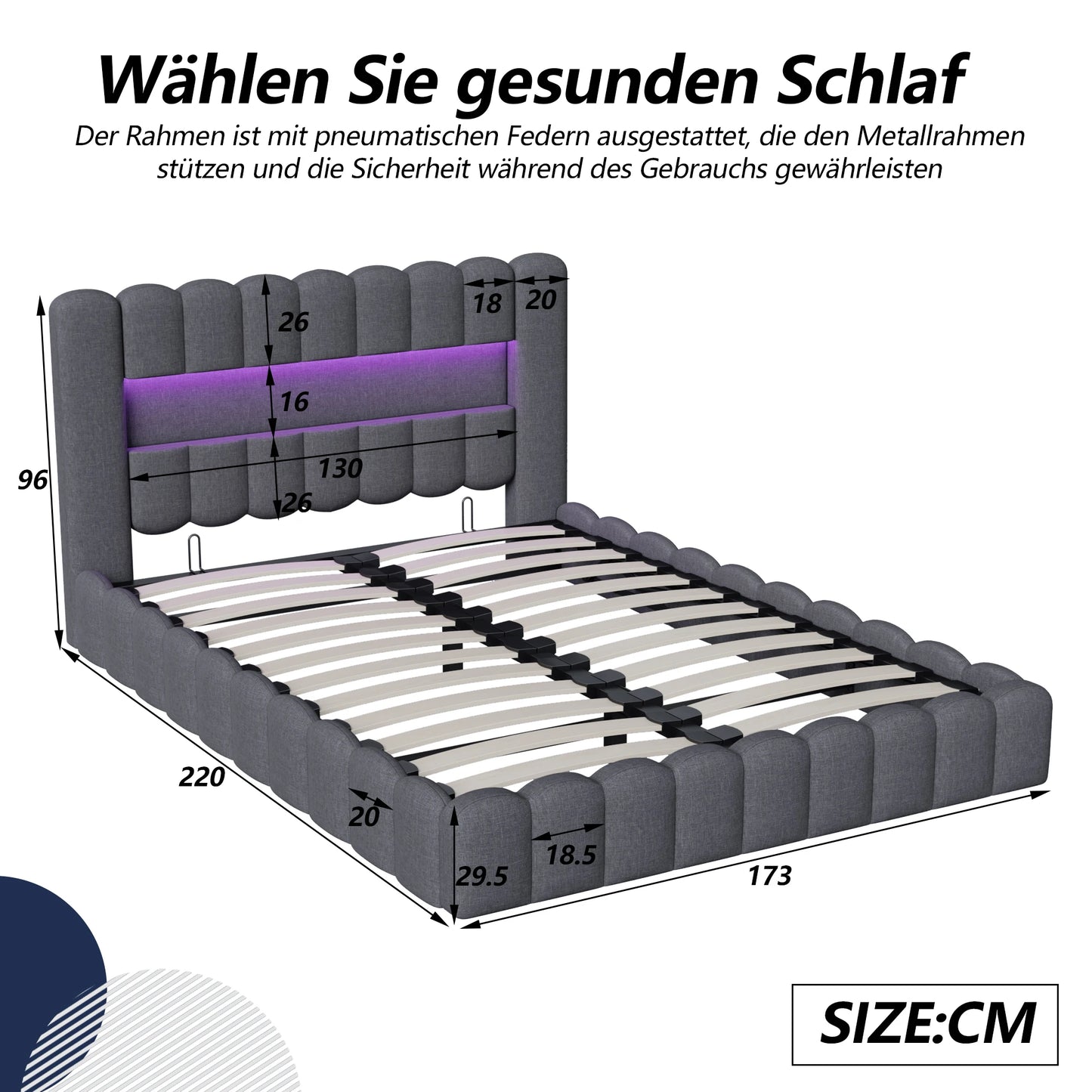Rosahqnda Polsterbett mit LED- und USB-Anschluss, Leinenbaumstumpfbettgestell mit Kopfteil, 140 x 200 cm großes hydraulisches Bett ohne Matratze