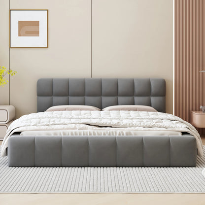 ROSAHQNDA Modernes Polsterbett, Doppelbett mit weicher Rückenlehne, Flachbett mit Polsterkante, Leinenstoff, ohne Matratze