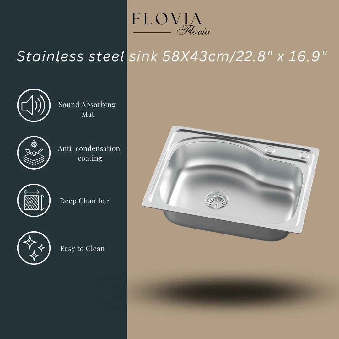 58 x 43 cm große Küchenspüle aus silbernem Inox-Edelstahl mit Abflussbaugruppe – obere Montage für Zuhause