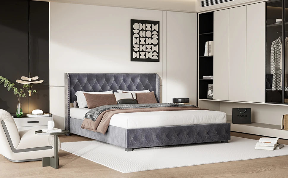 Rosahqnda gepolstertes Doppelbett, 140–160–180 x 200 cm, Stauraumbett, hydraulisches Bett, Erwachsenenbett, Samt, Dunkelgrau