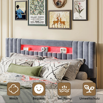 Rosahqnda 140x200 Bett mit Stauraum und Untergestell, gepolstertes Bett mit Stauraum, Doppelbett mit LED, Bettgestell aus Samt, mit Lattenrost, Grau