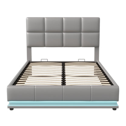 Rosahqnda Hydraulischer Doppelbettrahmen 140*190cm mit LED, Verstellbares Kopfteil, Stauraumbett 140*200cm, Polsterbett, PU