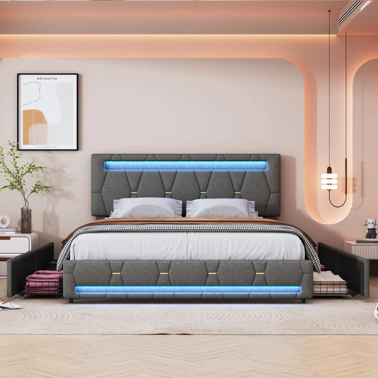 Rosahqnda Polsterbett 140 x 200 cm, Doppelbett mit LED-Beleuchtung, 4 Schubladen und Lattenrost, USB-Ladefunktion, hydraulisches Bett