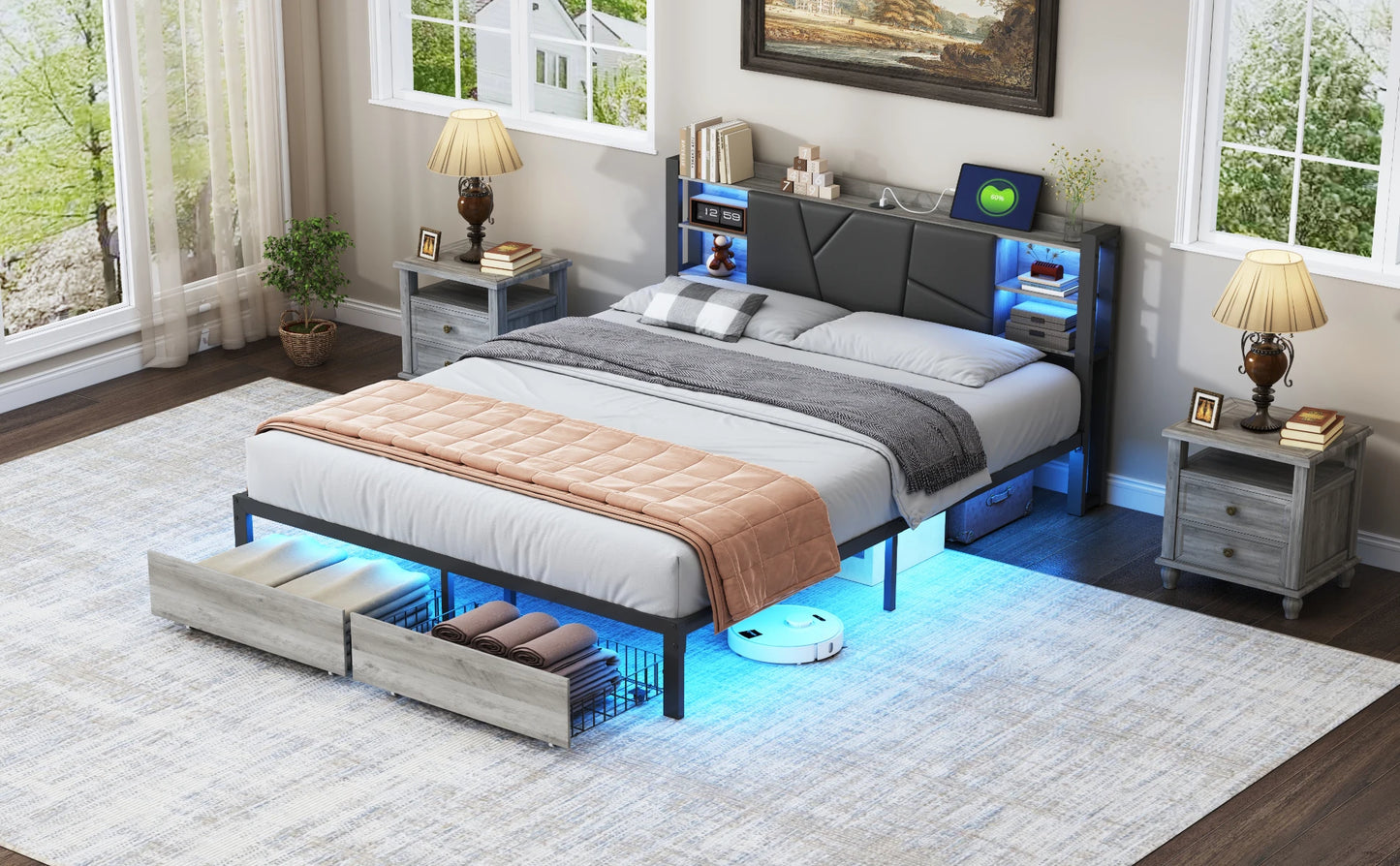 Rosahqnda gepolsterter Doppelbettrahmen 140–160–180 x 200 cm mit 2 Schubladen, Aufbewahrungs-Jugendbett, Gästebett, Apartmentbett, Eisenbett, PU