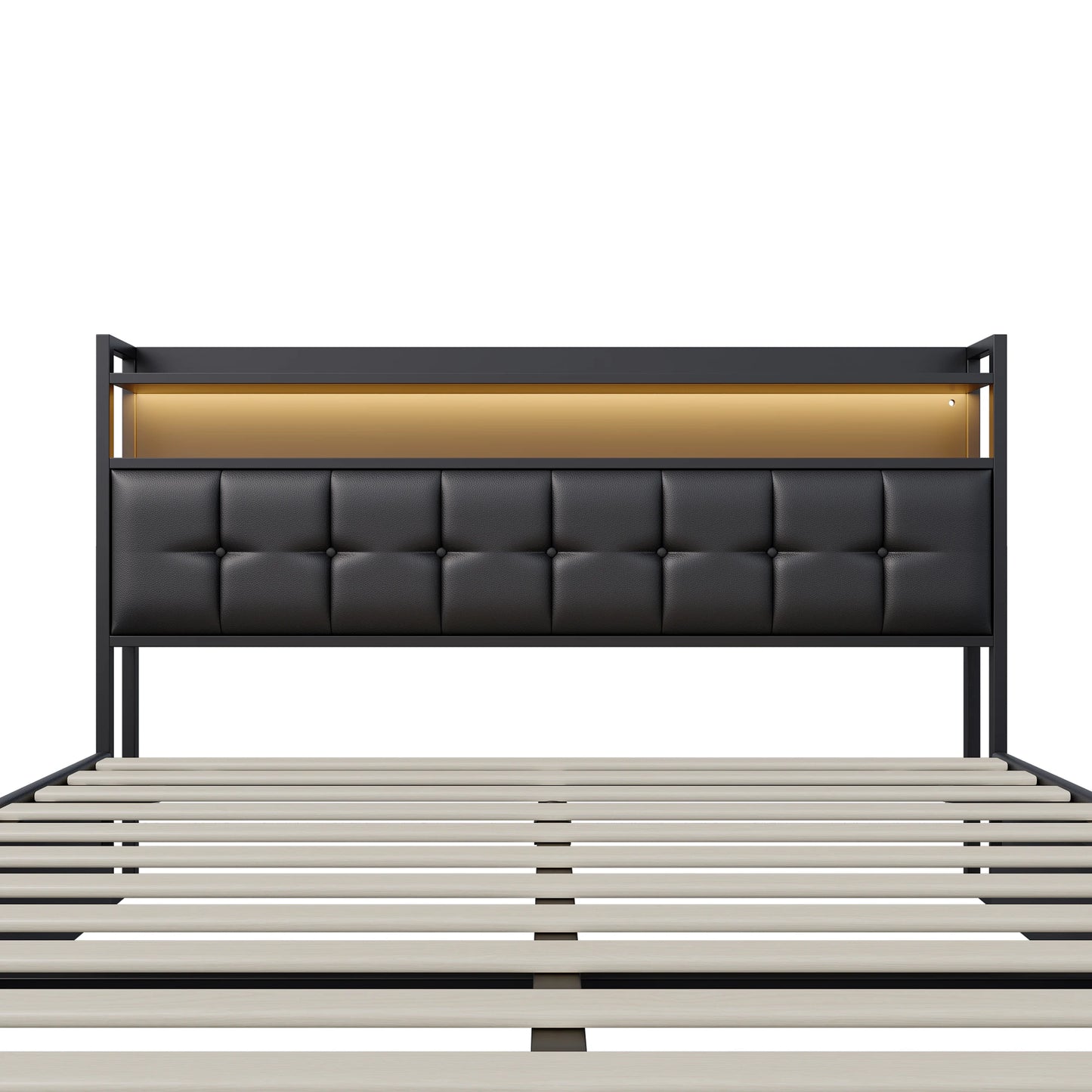 Rosahqnda Polsterbett 140 x 190 cm Doppelbett mit LED und USB, gepolsterter Bettrahmen mit Kopfteil und Lattenrost, Höhe 32 cm