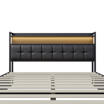 Rosahqnda Polsterbett 140 x 190 cm Doppelbett mit LED und USB, gepolsterter Bettrahmen mit Kopfteil und Lattenrost, Höhe 32 cm