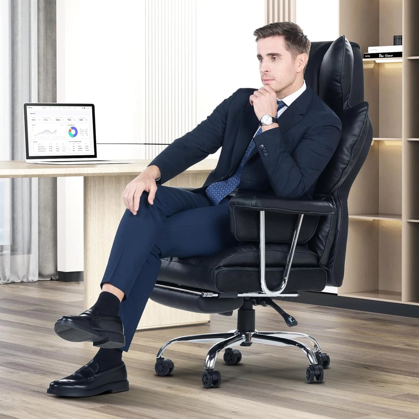 naspaluro Executive Office Chair Desk Chair PU Computer Recliner Ergonomic Office Chair with Footrest Heavy Duty Leather Office