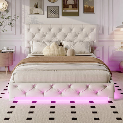 Rosahqnda upholstered bed, double size, with LED lights, storage bed with hydraulic lift box, adjustable headboard height, linen