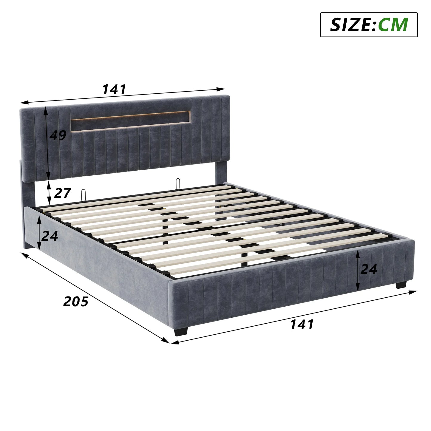 Rosahqnda 140x200 Bett mit Stauraum und Untergestell, gepolstertes Bett mit Stauraum, Doppelbett mit LED, Bettgestell aus Samt, mit Lattenrost, Grau