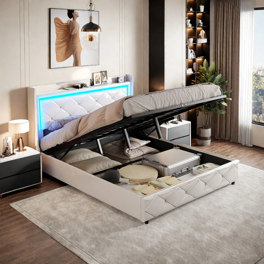 WoodenAura 140x200cm PU-Polsterbett, weißes Einzel und Doppelbett mit Lattenrost, Holz Kopfteil mit dekorativen Knöpfen, RGB-LED