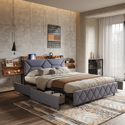 Bett 140 x 200 mit USB, Doppelbett mit 4 Schubladen, Kopfteil mit ausziehbarem Stauraum, Erwachsenenbett mit Lattenrost