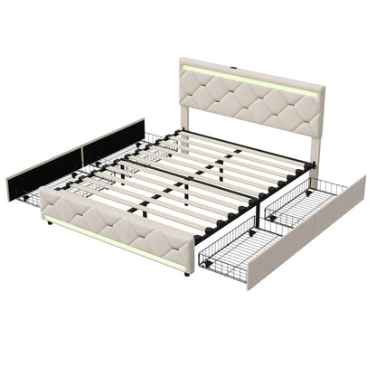 Comanlai 160 x 200 cm Polsterbett, mit USB-Ladefunktion und LED-Kopfteil und 4 Schubladen, ohne Matratze, Samt, gebrochenes Weiß