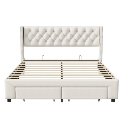 Rosahqnda Modernes Doppelbettgestell 140*190cm Stauraumbett 160-180*200cm mit LED&USB& Schubladen Jugendbett Gästebett Samtbeige