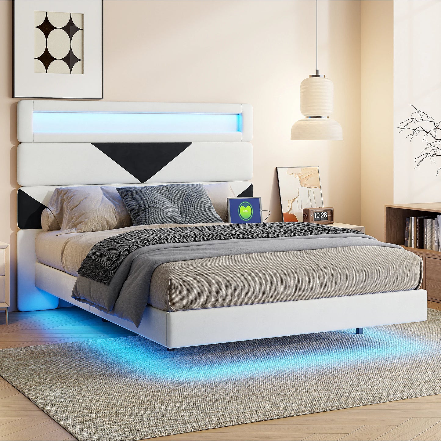 WoodenAura Polsterbett 160x200cm mit LED-Beleuchtung, Bettrahmen mit Lattenrost, verstellbares Kopfteil, Jugendbett