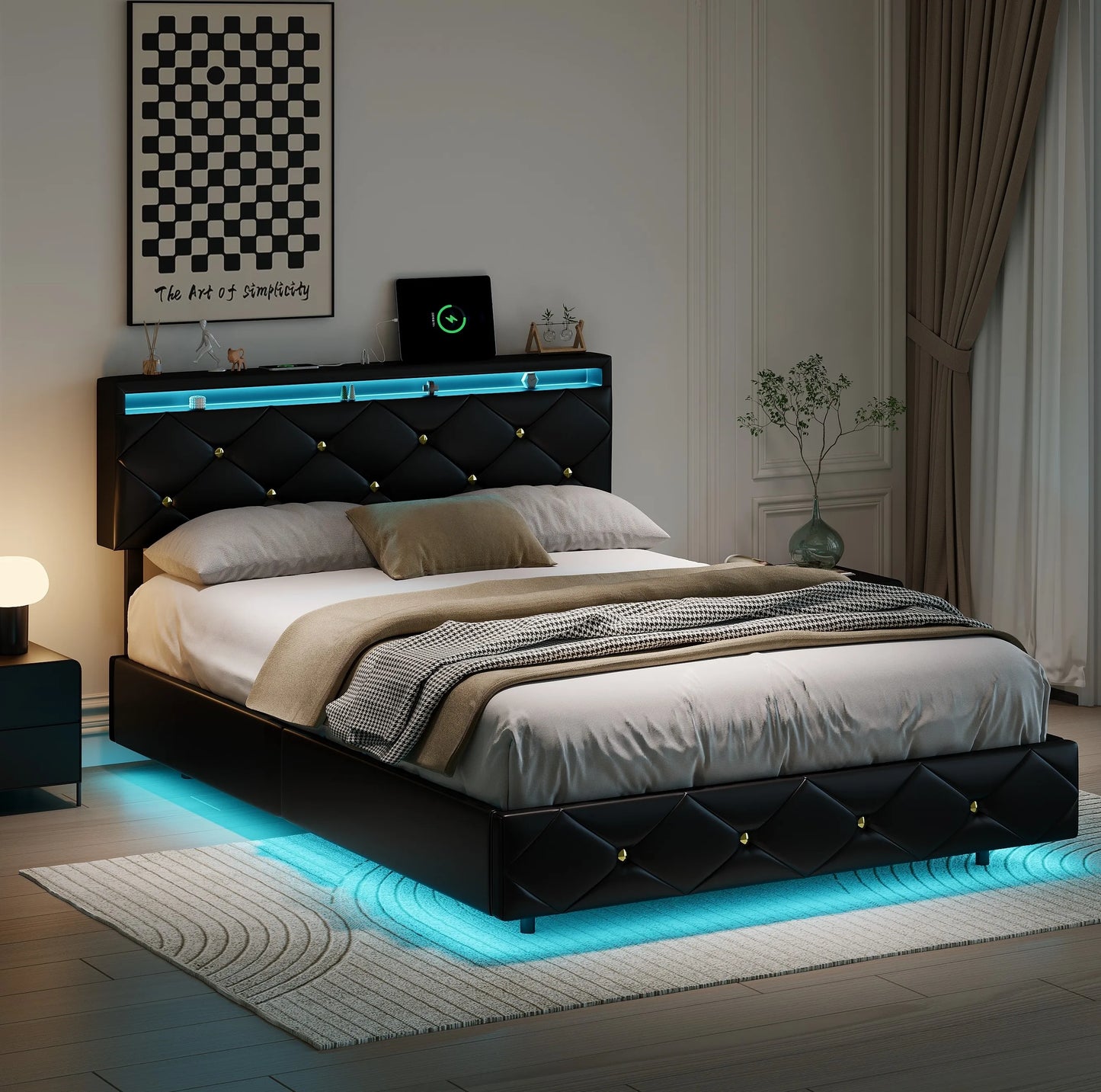 Rosahqnda Schwebebett 140-160*200cm LED USB verstellbares Kopfteil,Doppelpolsterbett Apartmentbett Jugendbett Gästebett,PU