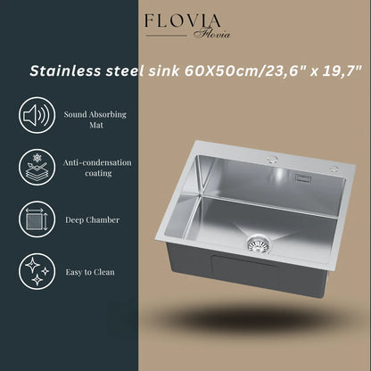 Silberne Edelstahlspüle aus Edelstahl von Inox, 60 x 50 cm – Einzelschüssel mit Wasserhahnloch und Abflussrohr, X-förmiger schneller Abfluss für moderne Küchen