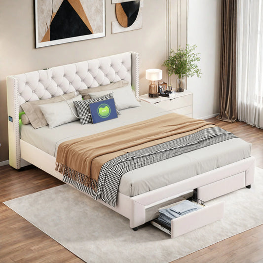 WoodenAura Polsterbett, beiger Samt, Kopfende mit 2 Schubladen, genietetes Kopfteil, Kommode, Stauraumbett mit LED-Beleuchtung