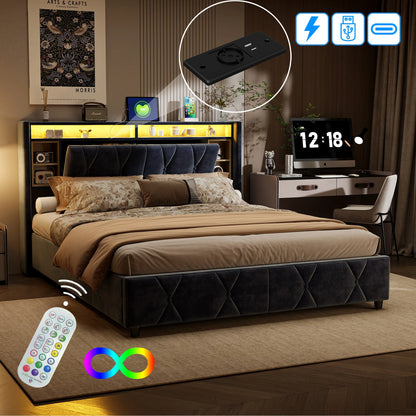 UrbanLuxe Bettgestell 140x200 cm mit LED-Lichtleiste und Dual-USB-Ladeanschluss, Bett mit Stauraum, Lattenrost, Samt, grau