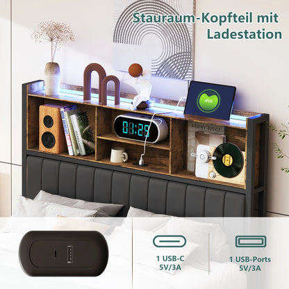 Rosahqnda Doppelbettgestell aus Eisen mit LED & USB & Schubladen, Polsterbett 140-160-180*200cm,Stauraum-Kopfteil,Jugendbett,PU