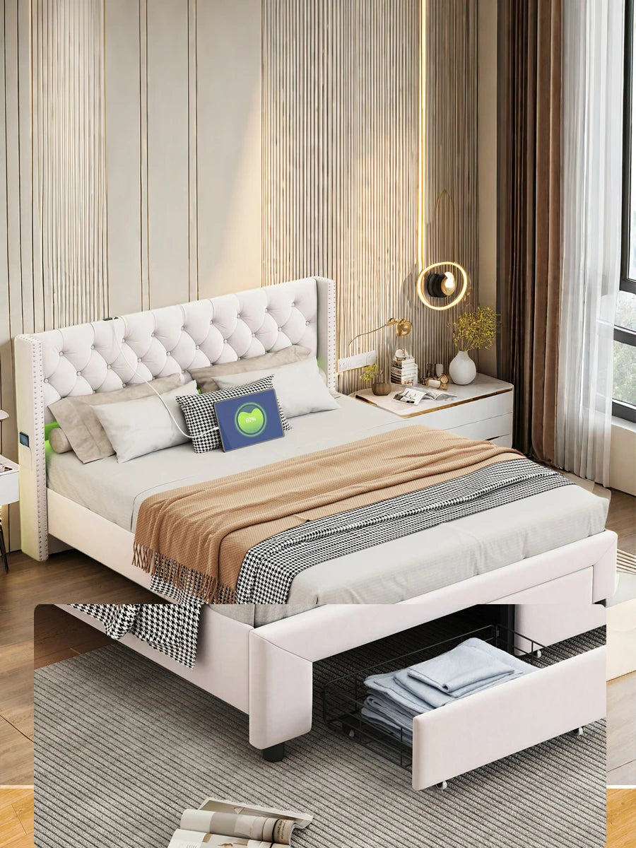WoodenAura Polsterbett, beiger Samt, Kopfende mit 2 Schubladen, genietetes Kopfteil, Kommode, Stauraumbett mit LED-Beleuchtung