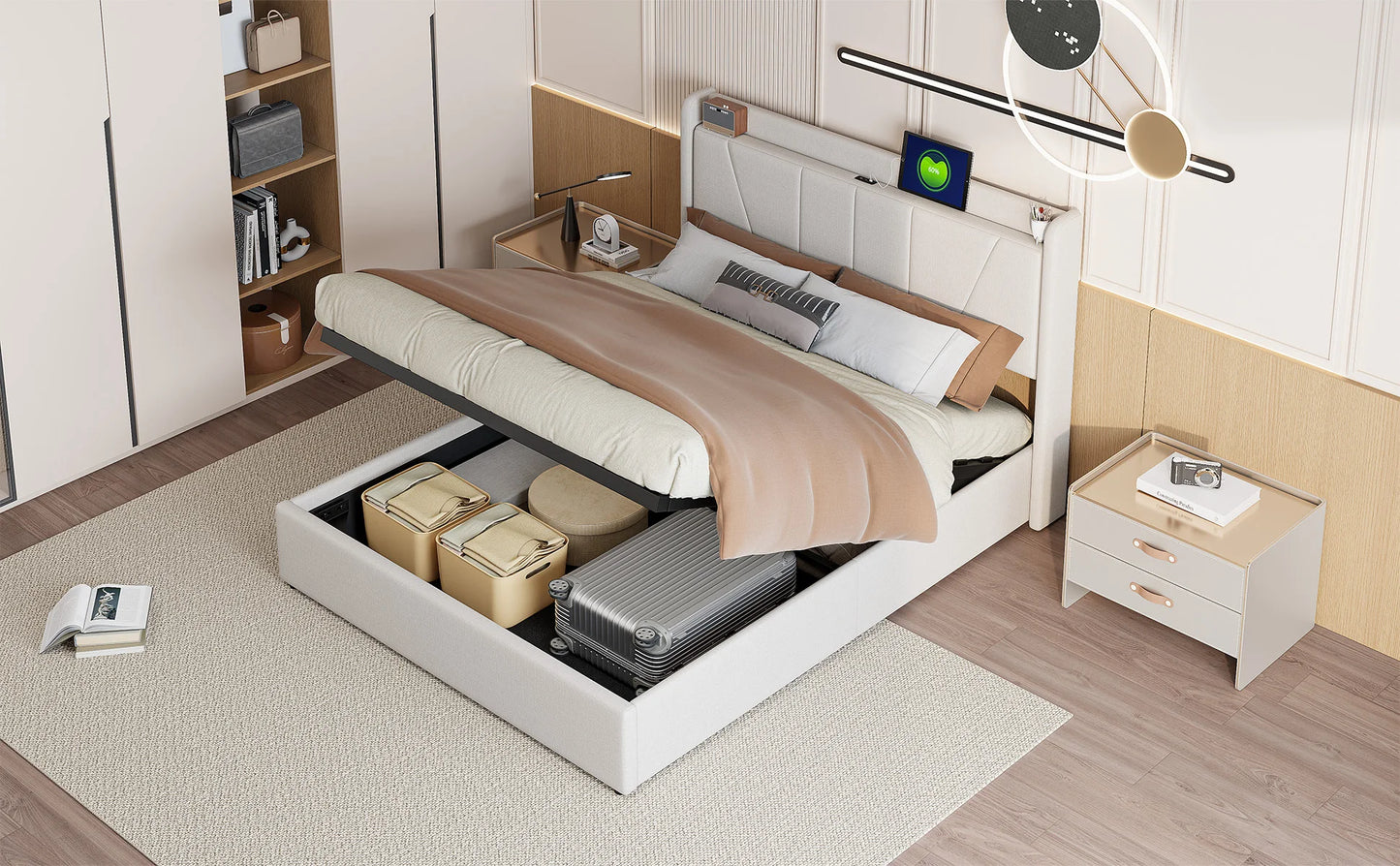 Rosahqnda Gepolsterter Doppelbettrahmen 140-160x200 cm Leinen USB-Hydraulikbett mit Stauraum Gästebett Schlafzimmer