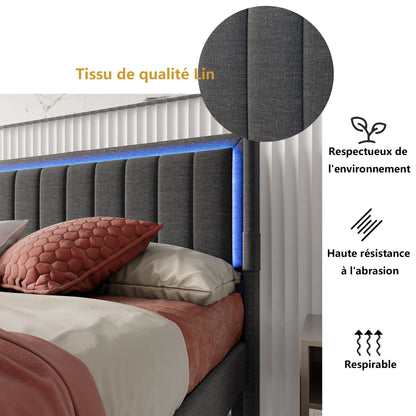 Rosahqnda Gepolsterter Bettrahmen mit LED, USB, Schubladen, Leinen Plattformbett 140-160-180×200cm,Jugendwohnungsbett,Gästebett
