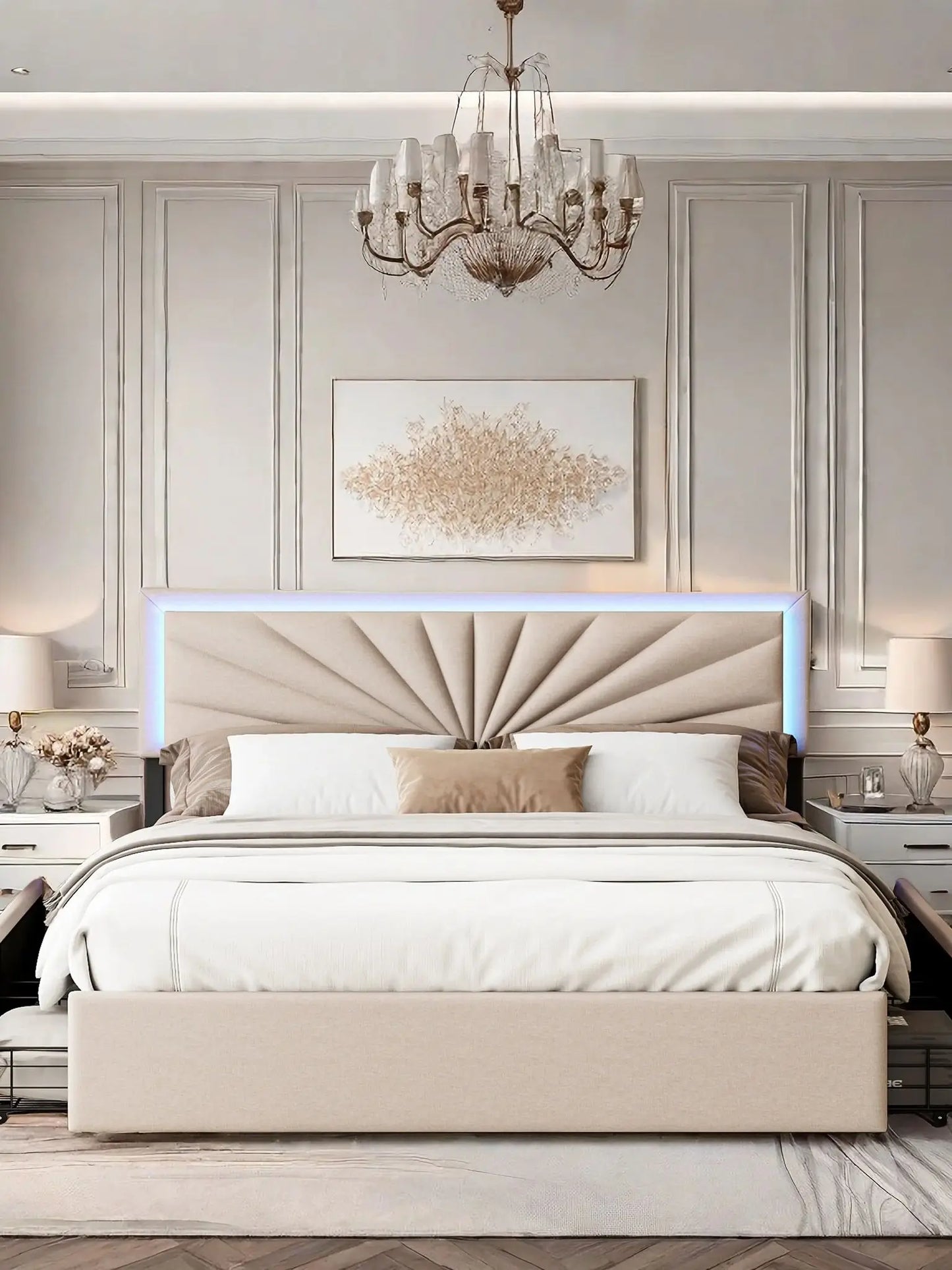 ROSAHQNDA Gepolstertes Doppelbett 140/160 x 200 cm, LED-Aufbewahrungsbett mit Schubladen, mit Kopfteil und Lattenrost, ohne Matratze