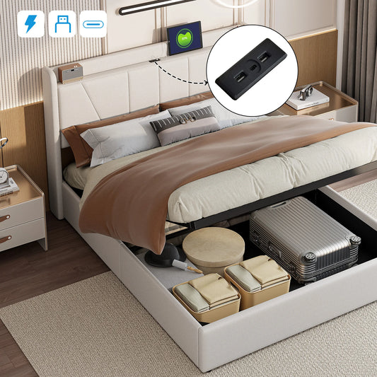 Double Bed,Storage Back and USB Rechargeable,Large Storage Bed,Suitable for Adults or Teenagers,Beige/Grey,Linen