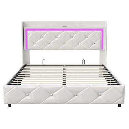 Rosahqnda Doppel-Jugendbettgestell 140–160 x 200 cm mit hydraulischem LED- und USB-Aufbewahrungsbett, Einzelbett, Gäste-/Master-Schlafzimmer, PU, weiß/schwarz