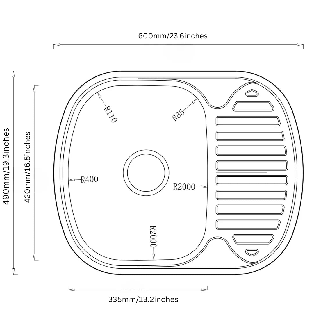 60 x 49 cm Ovales Spülbecken aus Edelstahl mit Abtropffläche – Einbauspüle, reversibel, modernes Design mit einem Becken