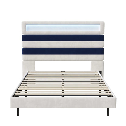 Rosahqnda Double Bed 140x190cm,Upholstered Bed with LED lighting and USB Charging Port,Youth Bed Ajudtable Headboard,WhiteVelvet