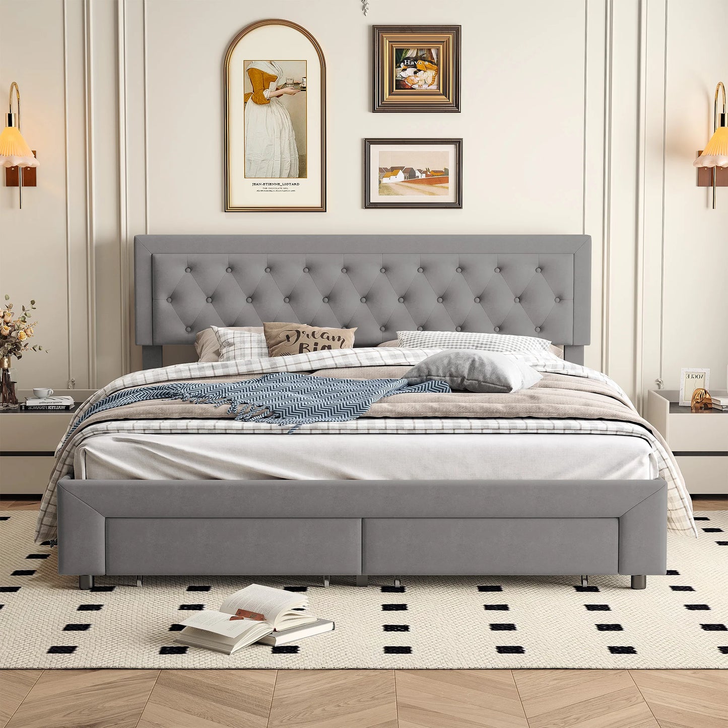 Rosahqnda Bett mit Stauraum, 160–180 x 200 cm, mit Schubladen gepolstert, Doppelbett, hydraulisches Bett, Jugendbett, Wohnungsbett, Samt, Beige/Grau