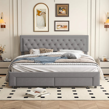 Rosahqnda Bett mit Stauraum, 160–180 x 200 cm, mit Schubladen gepolstert, Doppelbett, hydraulisches Bett, Jugendbett, Wohnungsbett, Samt, Beige/Grau