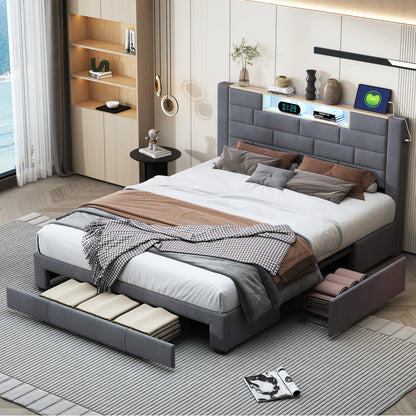 Upholstered Bed 160x200cm with LED and USB Charging Socket,Drawer Storage Bed,Bedside Storage,Adult Livingroom,Gray,Velvet