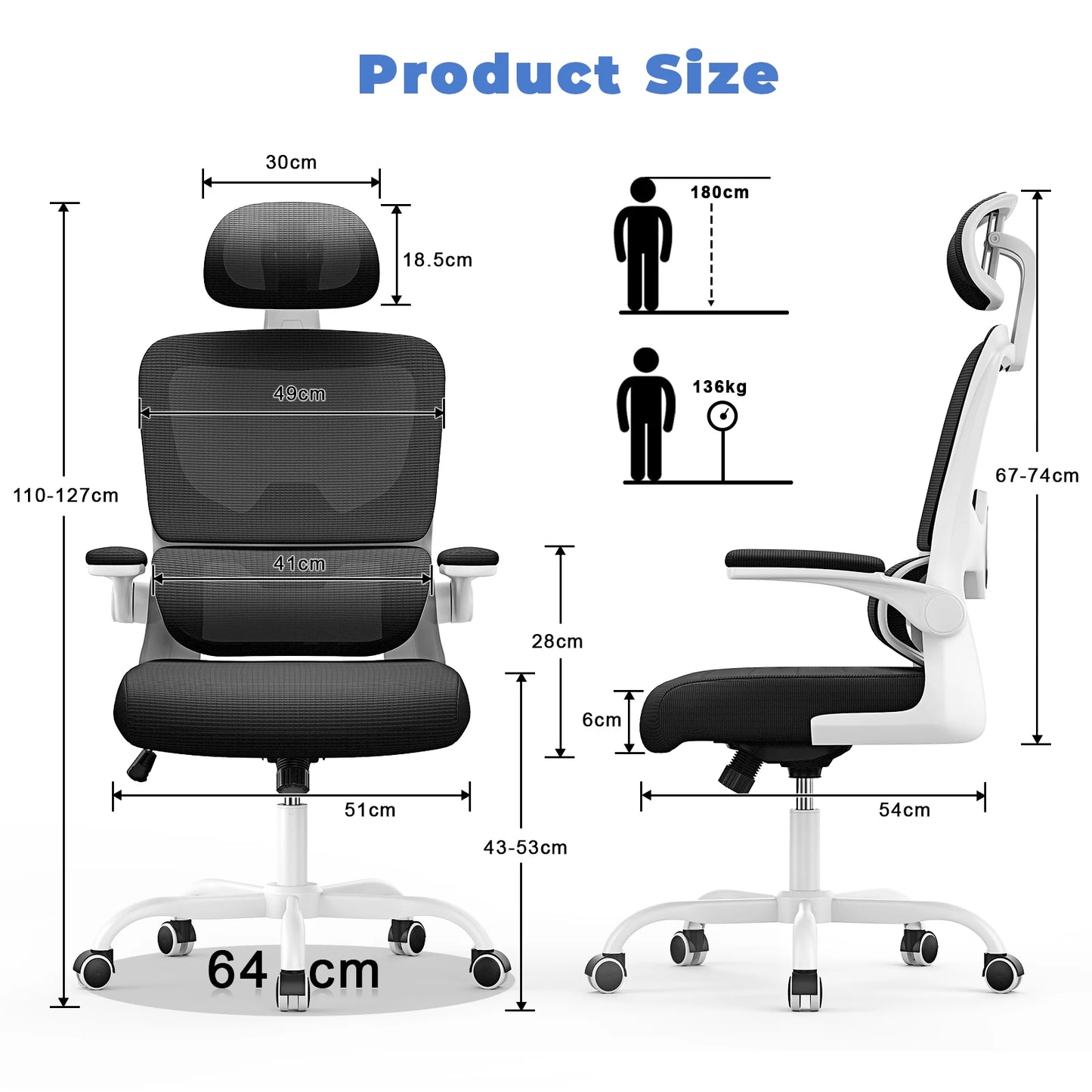Ergonomic Office Chair Desk Chair with Folding Armrests Height-Adjustable Breathable Backrest Swivel Gaming Chair