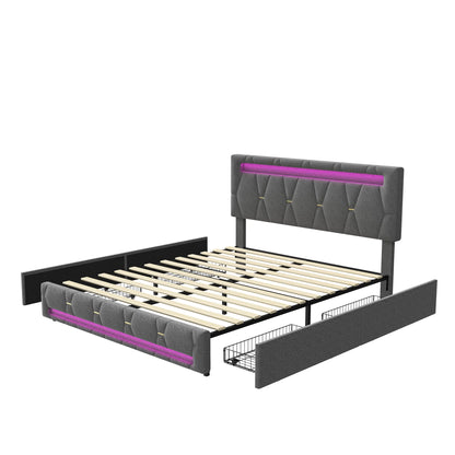 WoodenAura Bett 160x200 cm LED Doppelbett mit USB-Ladefunktion, Polsterbett Stauraumbett mit 4 Schubladen,Verstellbares Kopfteil