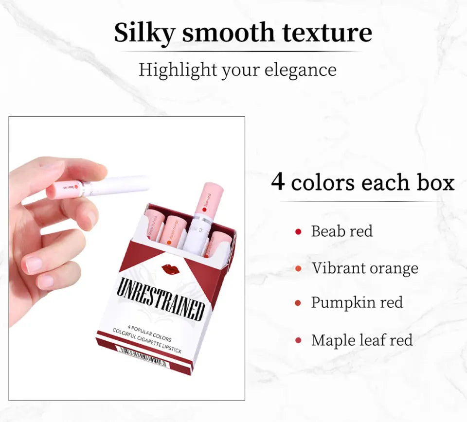 4 pcs/set Cigarette Lipstick Set Long Lasting Lip Glaze Matte Lip Gloss Waterproof Lip Stick Tube Nude Lip Tint Makeup Cosmetics
