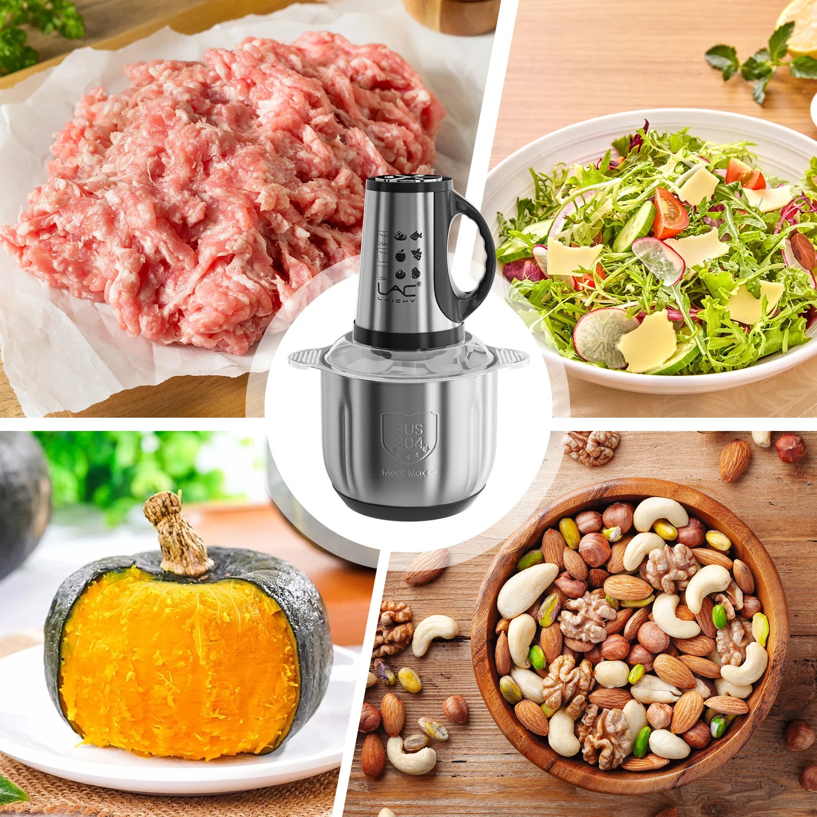 2.5L Electric Meat Grinder 3 Speed 300W Food Chopper Blender, Stainless Steel Vegetable Nut Bean Crusher Processor For Kitchen.