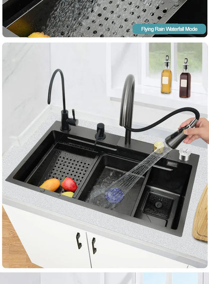 under the household sink    Black Stainless Steel Nano Undermount/Drop in Waterfall Single Bowl Kitchen Sink With Pull-Out Fauce