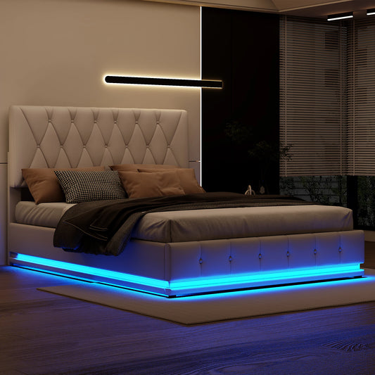 Rosahqnda Gepolstertes hydraulisches Bett 140 * 200 cm mit LED-verstellbarem Kopfteil, moderner Doppelbettrahmen mit Stauraum,PU