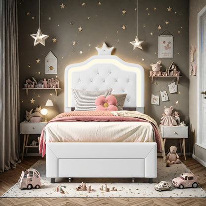 90x200cm Polster bett, Einzel bett mit Lattenrost und Rückenlehne, mit LED und großem Stauraum, PU, White, ohne Matratze