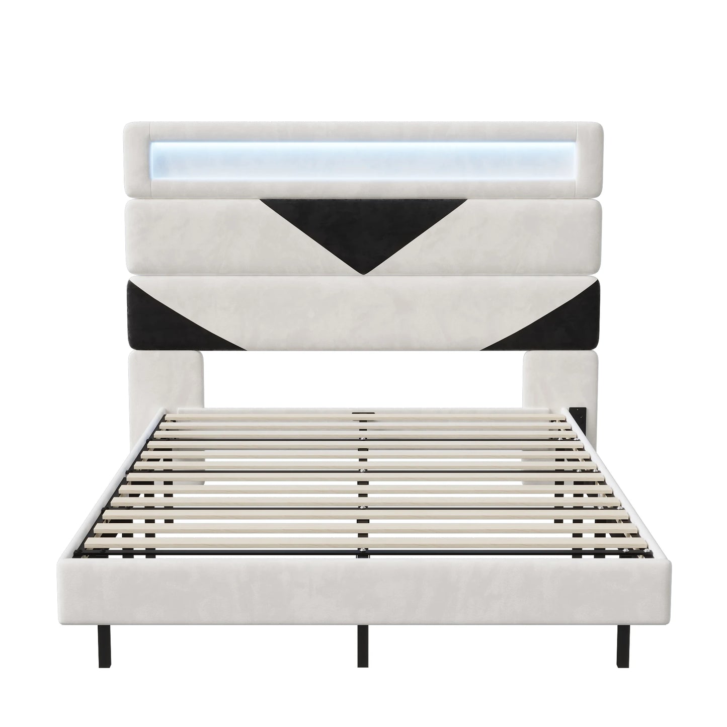 Rosahqnda Double Bed 140x190cm,Upholstered Bed with LED lighting and USB Charging Port,Youth Bed Ajudtable Headboard,WhiteVelvet