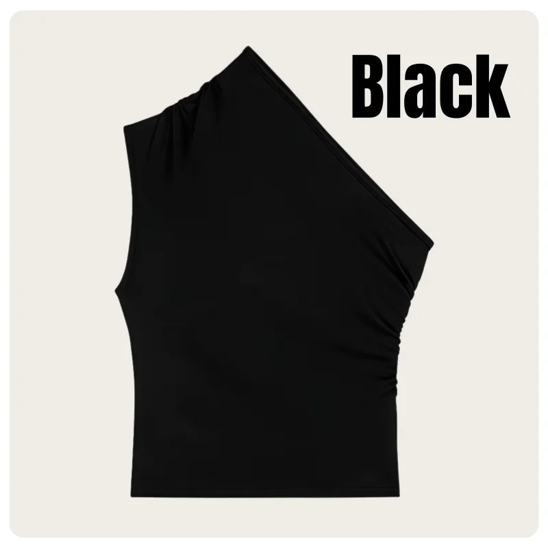 Korean Style Women's Black and Brown Asymmetrical Pleated Sleeveless Slim-Fit One-Shoulder Crop Top.