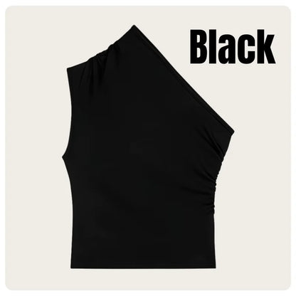 Korean Style Women's Black and Brown Asymmetrical Pleated Sleeveless Slim-Fit One-Shoulder Crop Top.