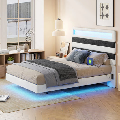 Rosahqnda Double Bed 140x190cm,Upholstered Bed with LED lighting and USB Charging Port,Youth Bed Ajudtable Headboard,WhiteVelvet