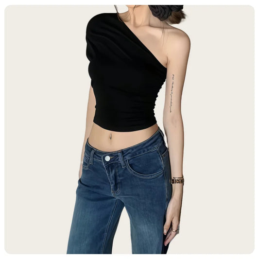Korean Style Women's Black and Brown Asymmetrical Pleated Sleeveless Slim-Fit One-Shoulder Crop Top.