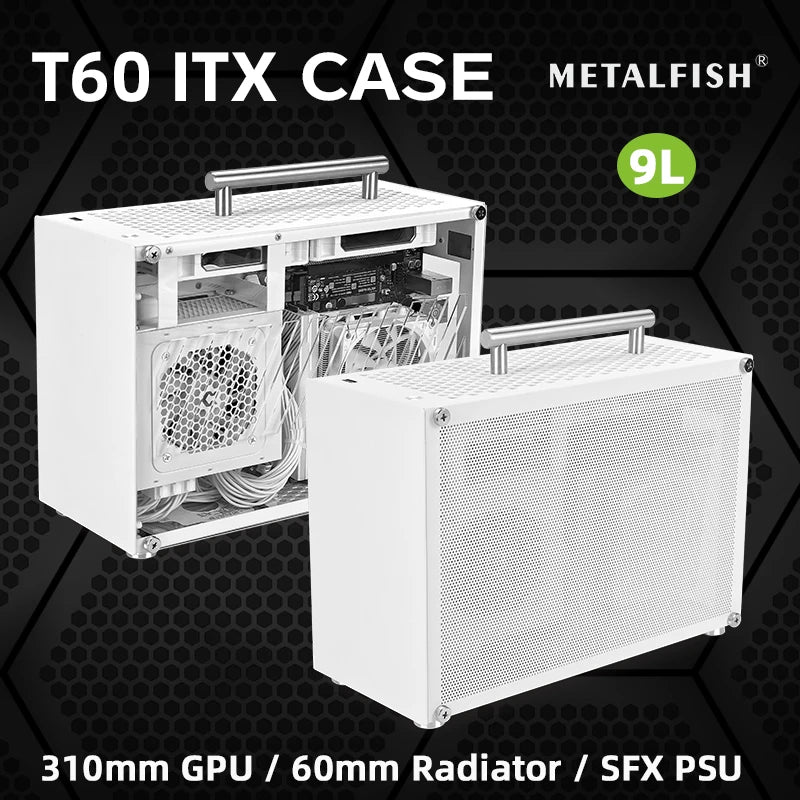 METALFISH T60 Mini ITX Black Case 9L Gaming Computer Chassis Compact transparent PC Support SFX PSU/300mm GPU.