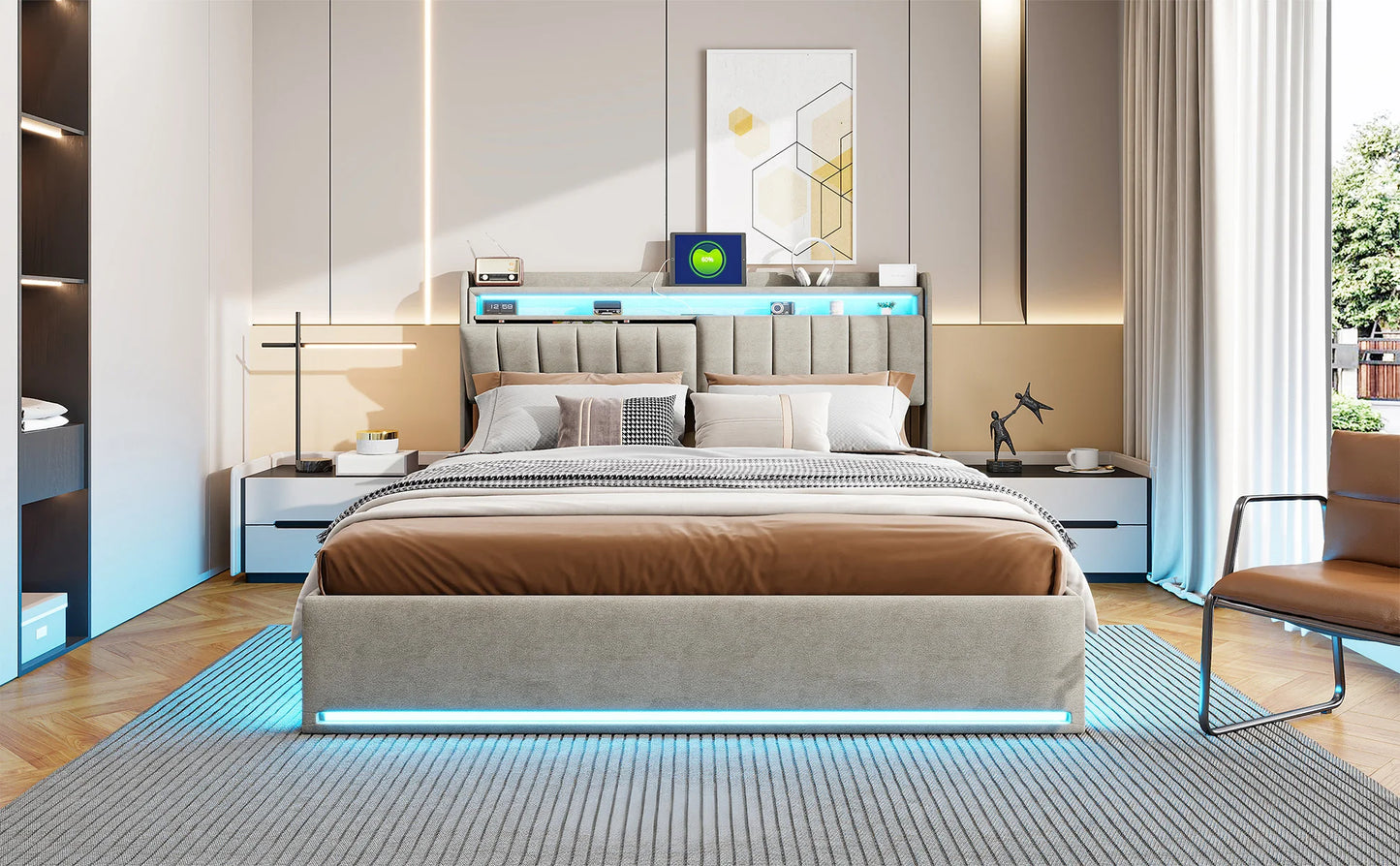 Bett 140 x cm mit LED-Box und USB, Polsterbett 140 x 200 mit LED-Licht gepolstertes Bett mit Stauraumbett 2 Personen