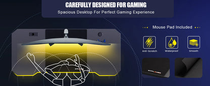 GTPLAYER Gaming Tisch, Gaming Schreibtisch 120 x 60cm, PC Tisch Gamer Tisch mit Kohlefaseroberfläche/LED/Steckdose, Schwarz