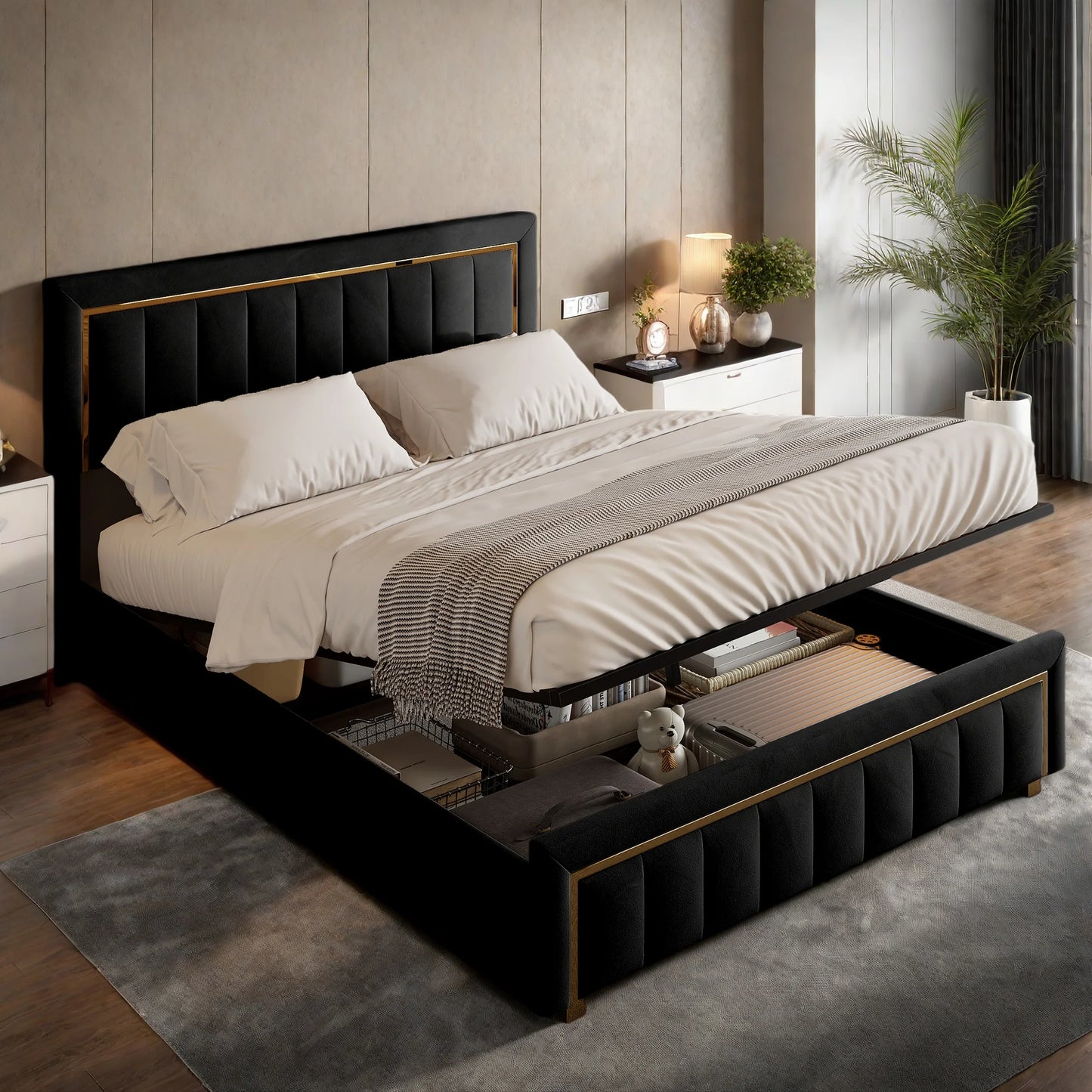 Rosahqnda Upholstered Bed 160x200cm,Hydraulic Storage Function,Light Luxury Style Double Bed,Suitable for Bedroom,Adults,Black